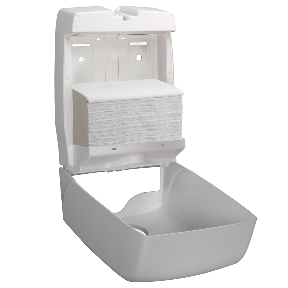 A wall-mounted white plastic dispenser containing Scott® Hand Towels - MultiFold / White (Kimberly-Clark GmbH) offers hygienic hand drying with 16 packs of 250 sheets per carton.