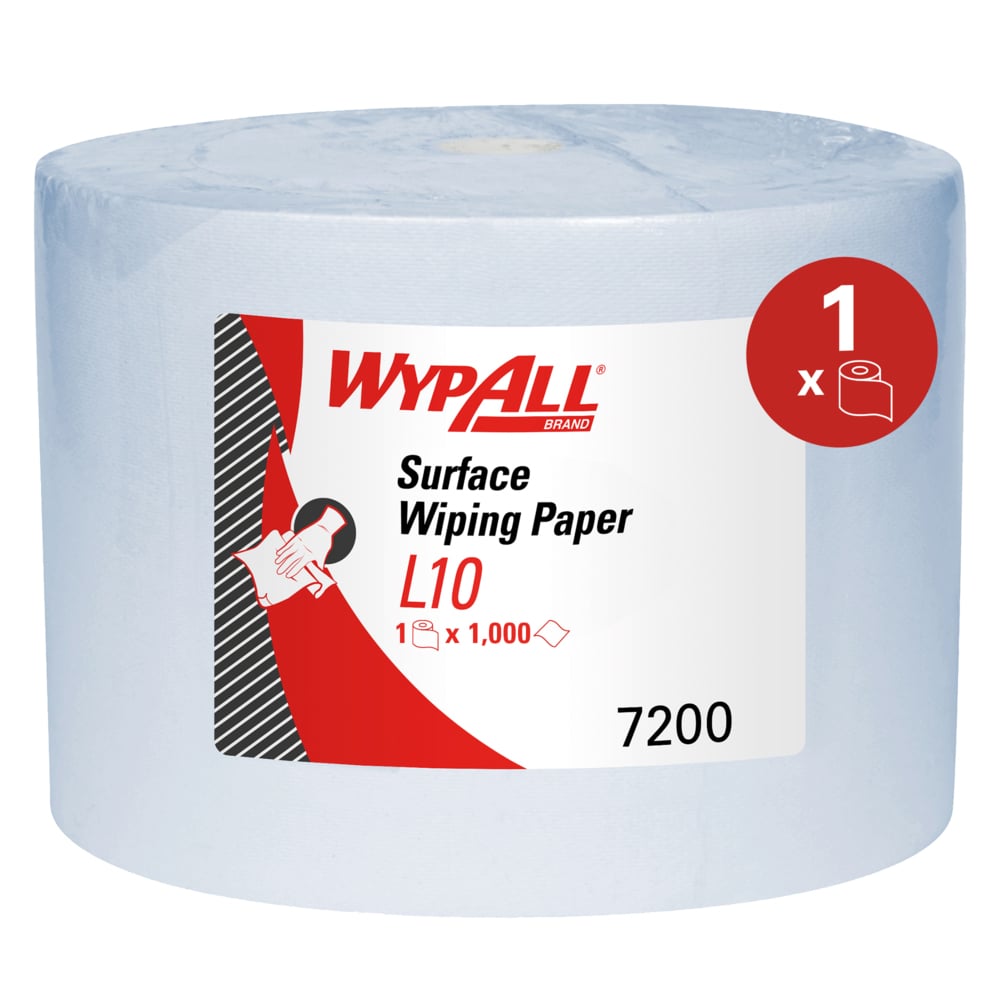 A single large roll of WypAll® L10 paper towel for surfaces from Kimberly-Clark GmbH (38.00 cm x 23.50 cm) with a white and red label, product code 7200, contains 1,000 sheets for efficient surface cleaning.