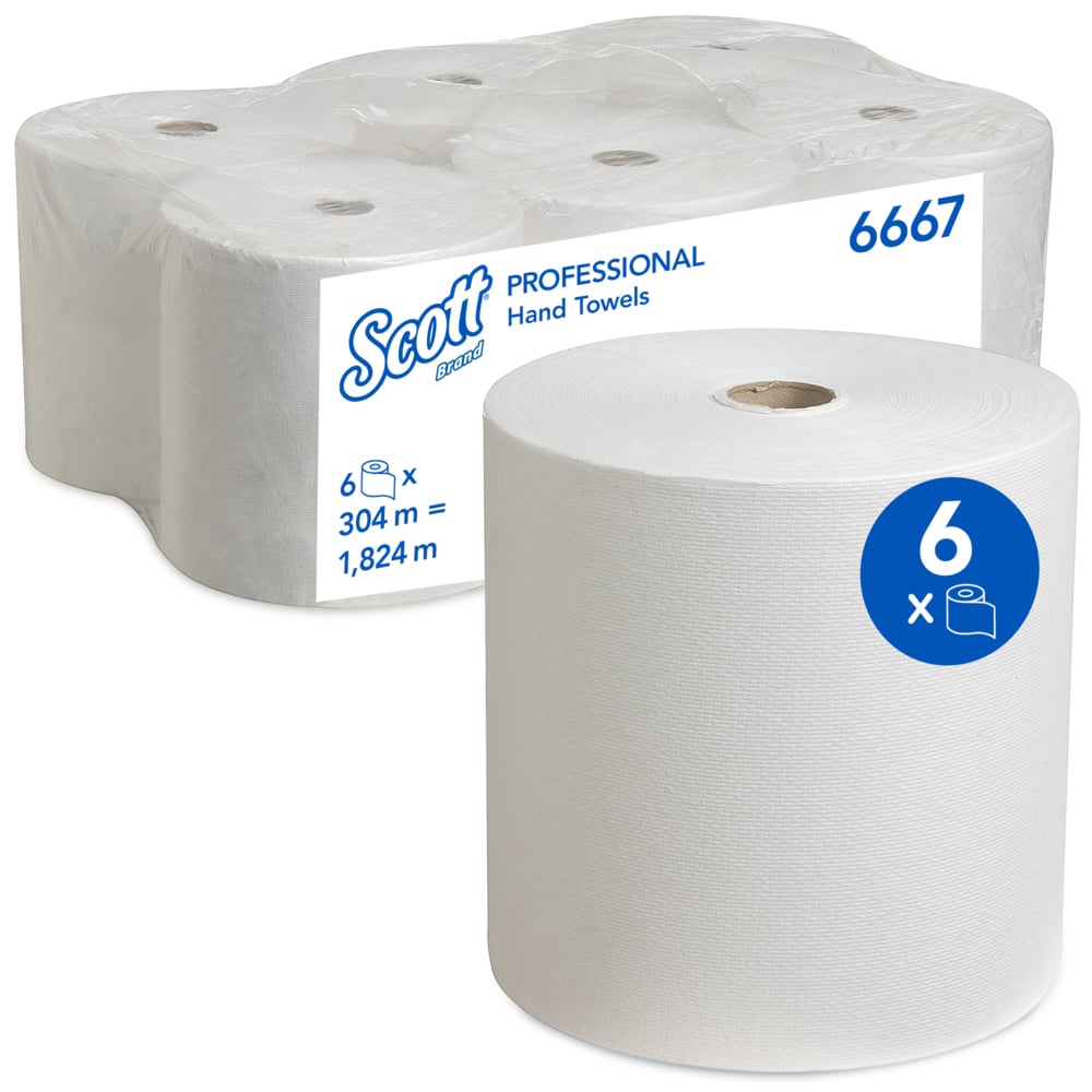 Eine große Scott® Handtücher - Rolle (304,00 m x 19,80 cm) der Kimberly-Clark GmbH steht vor einem Sixpack, beschriftet mit "6 x 304 m = 1.824 m" und gekennzeichnet mit der Nummer 6667.