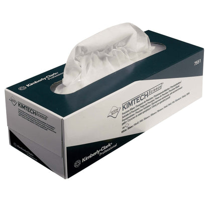 A rectangular box of Kimtech® Science Precision Wipes - Pull Box/White/Large (15 cartons x 196 sheets) from Kimberly-Clark GmbH, with a protruding white tissue, ideal for cleaning sensitive surfaces.