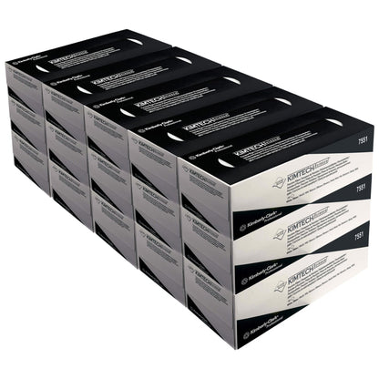 Four rows of Kimberly-Clark GmbH Kimtech® Science Precision Wipes pull boxes, Large, White (15 boxes x 196 wipes) are stacked on top of each other; each carton clearly displays the brand and product information on the packaging.
