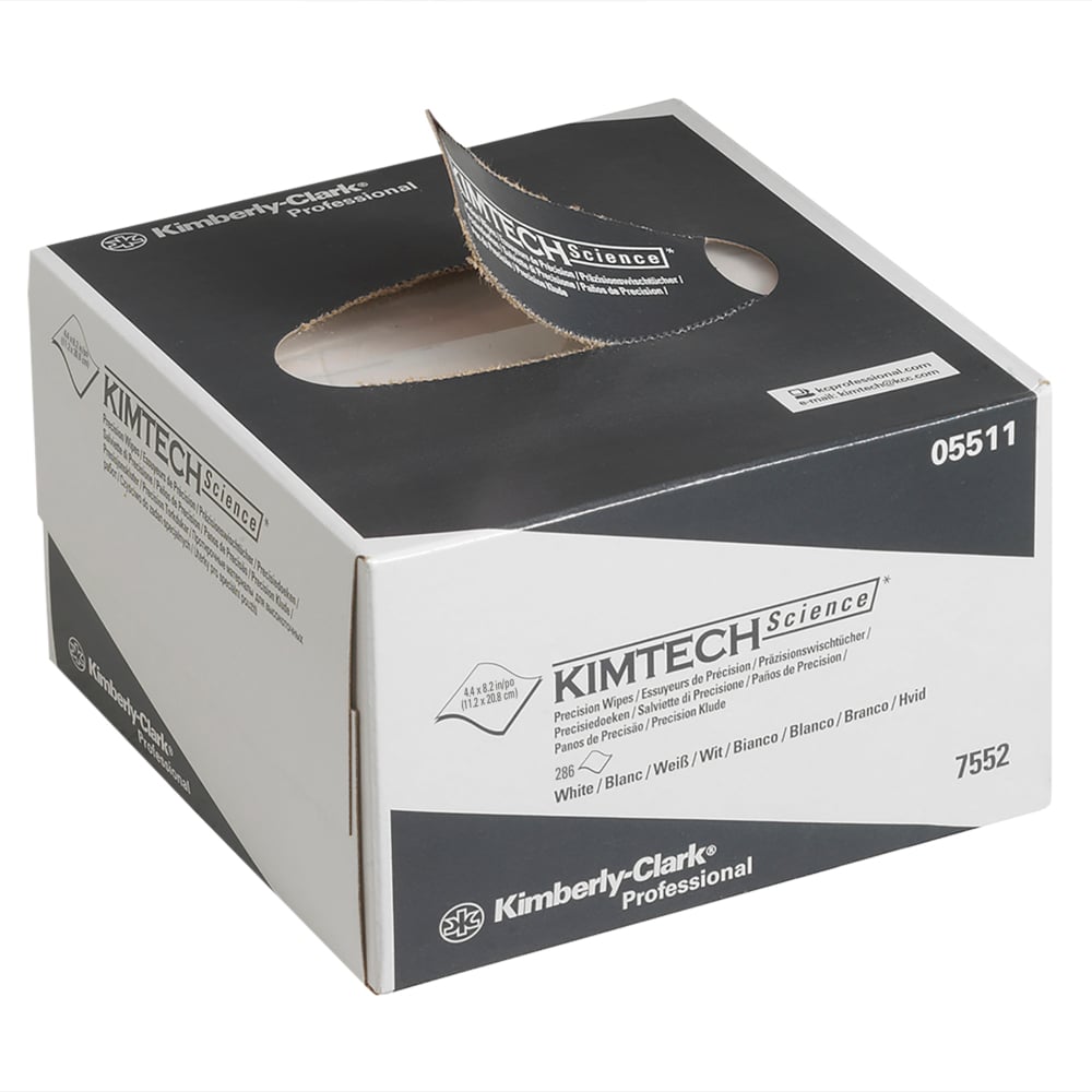 Abgebildet ist eine weiß-graue Kimberly-Clark GmbH Kimtech® Science Präzisionstücher Zupfbox (klein, 30 Boxen x 286 Tücher) mit einem teilweise herausgezogenen Wischtuch, auf dem das Markenzeichen und die Informationen zum Produkt abgebildet sind.