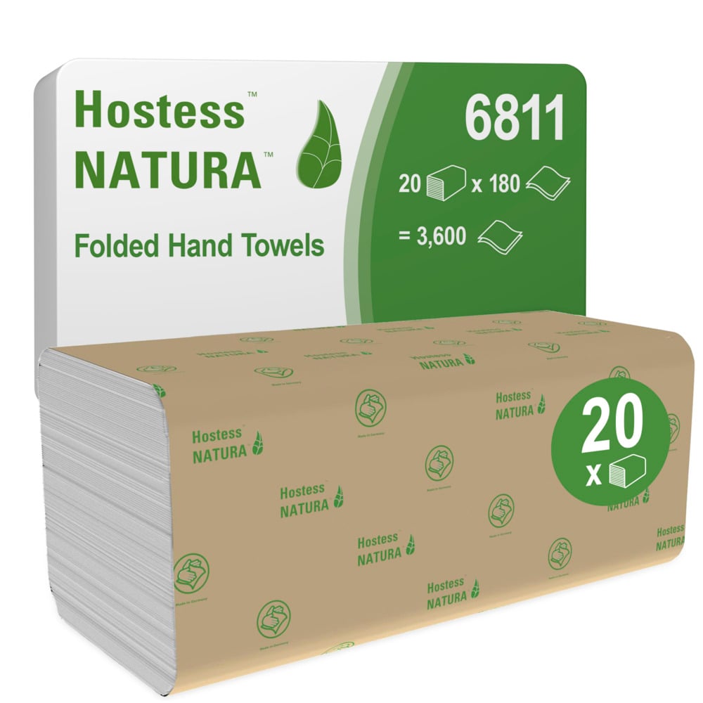 Eine Packung Hostess™ NATURA™ Handtücher - Zick-Zack-Faltung (23x25 cm) der Kimberly-Clark GmbH, Produktnummer 6811, enthält 20 Packungen mit je 180 umweltfreundlichen Handtüchern (insgesamt: 3.600), verpackt in Braun mit grünem Aufdruck.