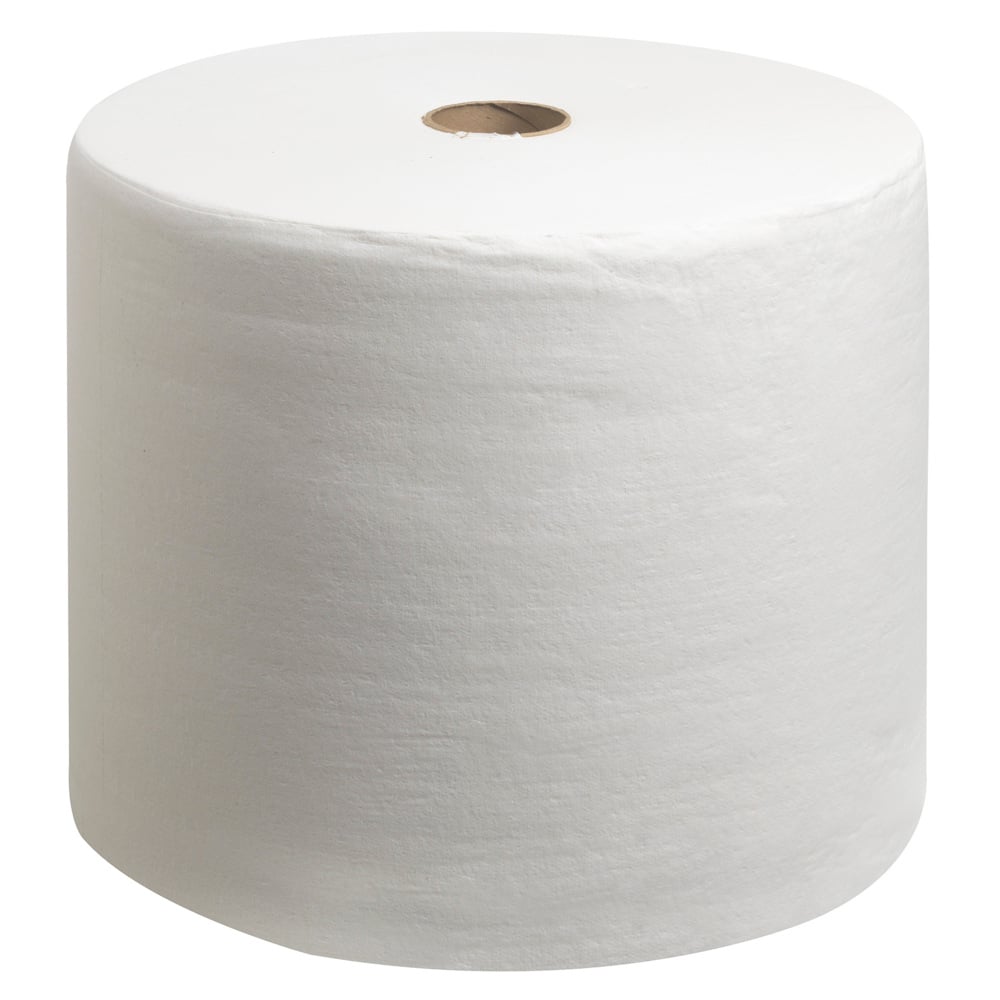 The WypAll® L40 PowerClean large roll in white from Kimberly-Clark GmbH (1 roll x 750 sheets) is designed with high absorbency for industrial use against a white background, equipped with hollow cores.