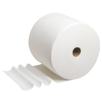 A WypAll® L40 PowerClean large roll (Kimberly-Clark GmbH) with several unrolled, absorbent sheets lies on a white background. 1 roll contains 750 sheets per carton.