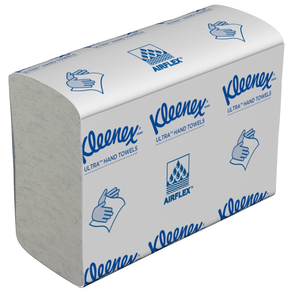 A stack of Kleenex® Ultra™ Hand Towels MultiFold in White, 18 Clips x 150 Sheets per box (18 packs), by Kimberly-Clark GmbH - high-quality paper towels for every washroom.