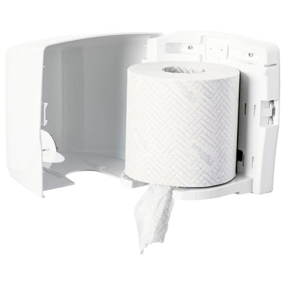 A Kimberly-Clark Aquarius™ towel dispenser - Roll Control in white is wall-mounted with an open lid, showing a large roll and a sheet ready for hygienic cleaning - perfect for controlled dispensing.