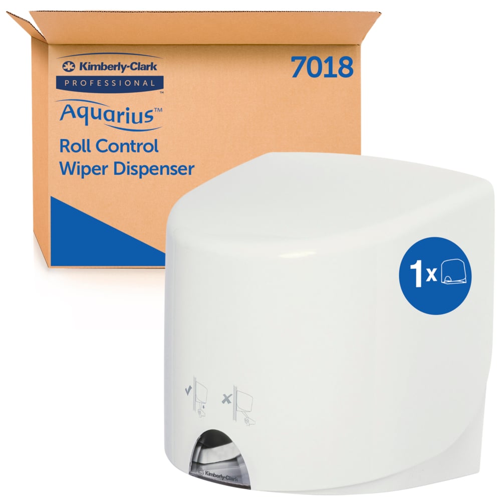 The white Aquarius™ towel dispenser - Roll Control by Kimberly-Clark GmbH (1 dispenser) stands in front of its brown-blue packaging labeled "7018" and is ideal for hygienic cleaning.