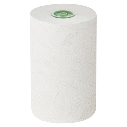A single Scott® Essential™ Slimroll™ white roll towel (1-ply, geometric pattern, green core) from Kimberly-Clark GmbH stands upright on a solid white background.
