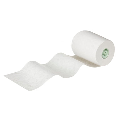 A single roll of Scott® Essential™ roll towels E-roll Slimroll™, 1-ply white paper from Kimberly-Clark GmbH, is partially unrolled on a solid white background; it features a subtle embossed pattern and a green core tube.