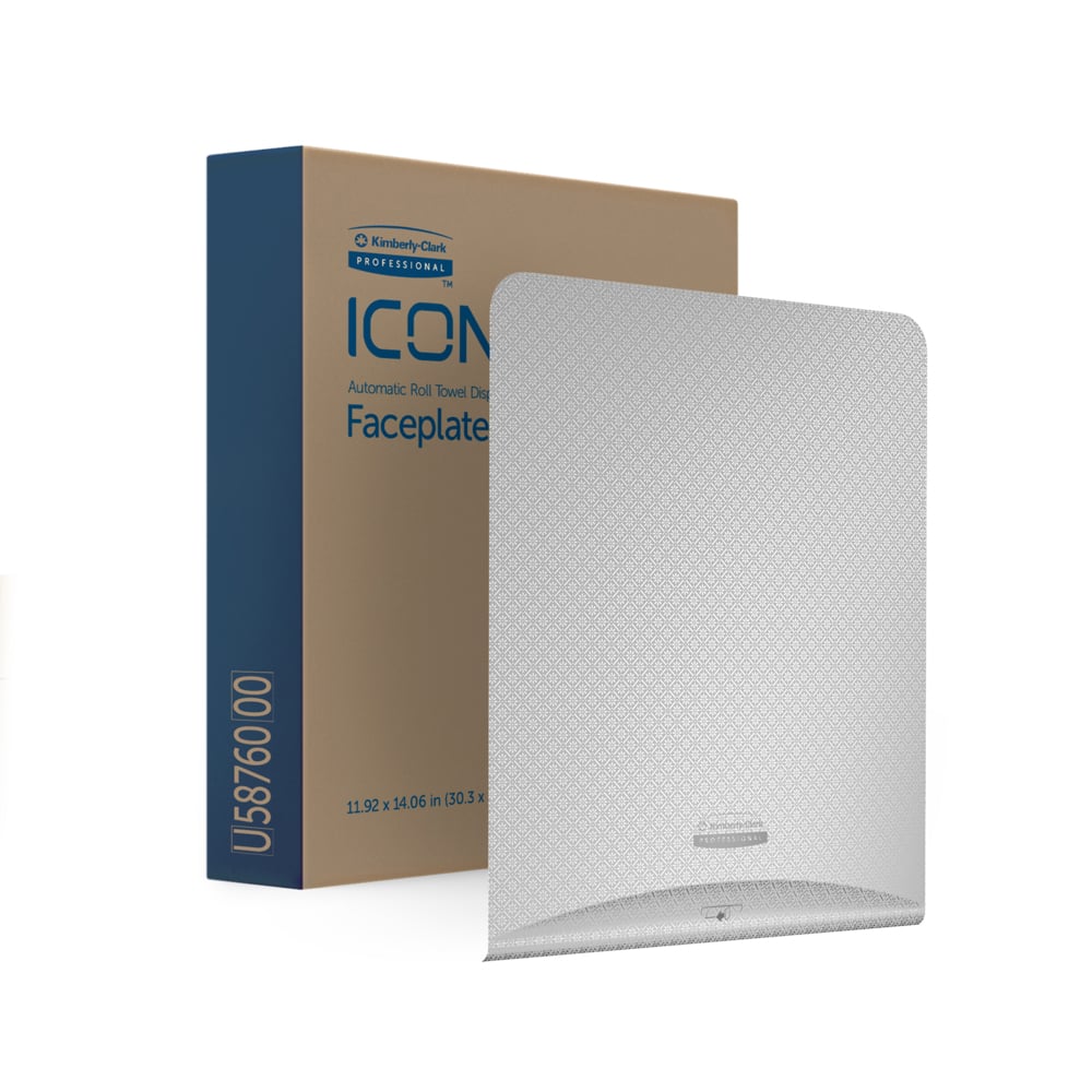 Behind a rectangular brown-blue box labeled "Kimberly-Clark Professional™ Icon™ Dispenser Faceplate - eHRT" hides a textured, silver faceplate by Kimberly-Clark GmbH, the perfect hygiene solution for any washroom accessory needs.