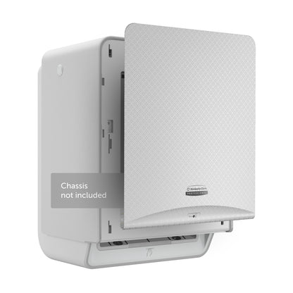 A white, rectangular Kimberly-Clark Professional™ Icon™ Dispenser Faceplate (33.02 x 37.47 x 3.18 cm) by Kimberly-Clark GmbH with a textured cover and logo is partially opened and labeled "Chassis not included".