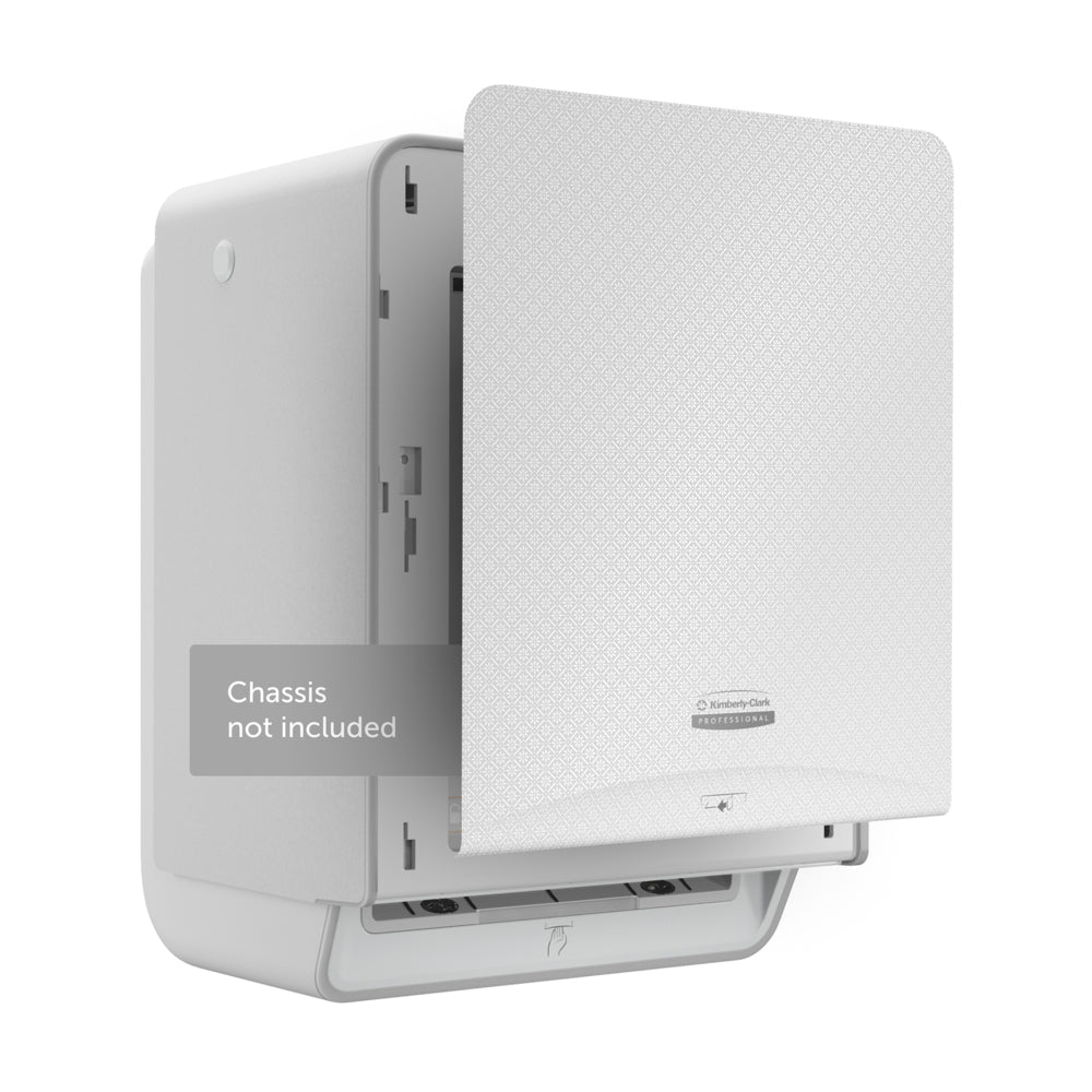 A white Kimberly-Clark Professional™ Icon™ Dispenser Faceplate - eHRT (33.02 x 37.47 x 3.18 cm) by Kimberly-Clark GmbH, depicted with an open front cover and labeled "Chassis not included," is mounted on a white background.