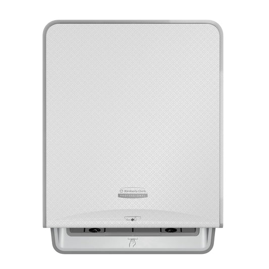 Der Kimberly-Clark Professional™ Icon™ Electronic Rolled Handtuchspender in weiß von Kimberly-Clark GmbH zeichnet sich durch berührungslose Bedienung, eine dezente Struktur und einen Schlitz mit Hand-Symbol für hygienisches Händetrocknen aus.
