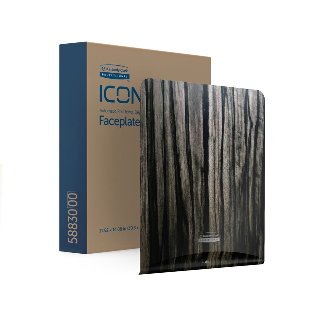 Der Kimberly-Clark Professional™ Icon™ Dispenser Faceplate - eHRT (33,02 x 37,47 x 3,18 cm) der Kimberly-Clark GmbH mit dunklem Holzmaserungsdesign ist neben seiner Verpackung abgebildet - ein idealer, stilvoller Waschraum für Zubehör und Hygienelösungen.