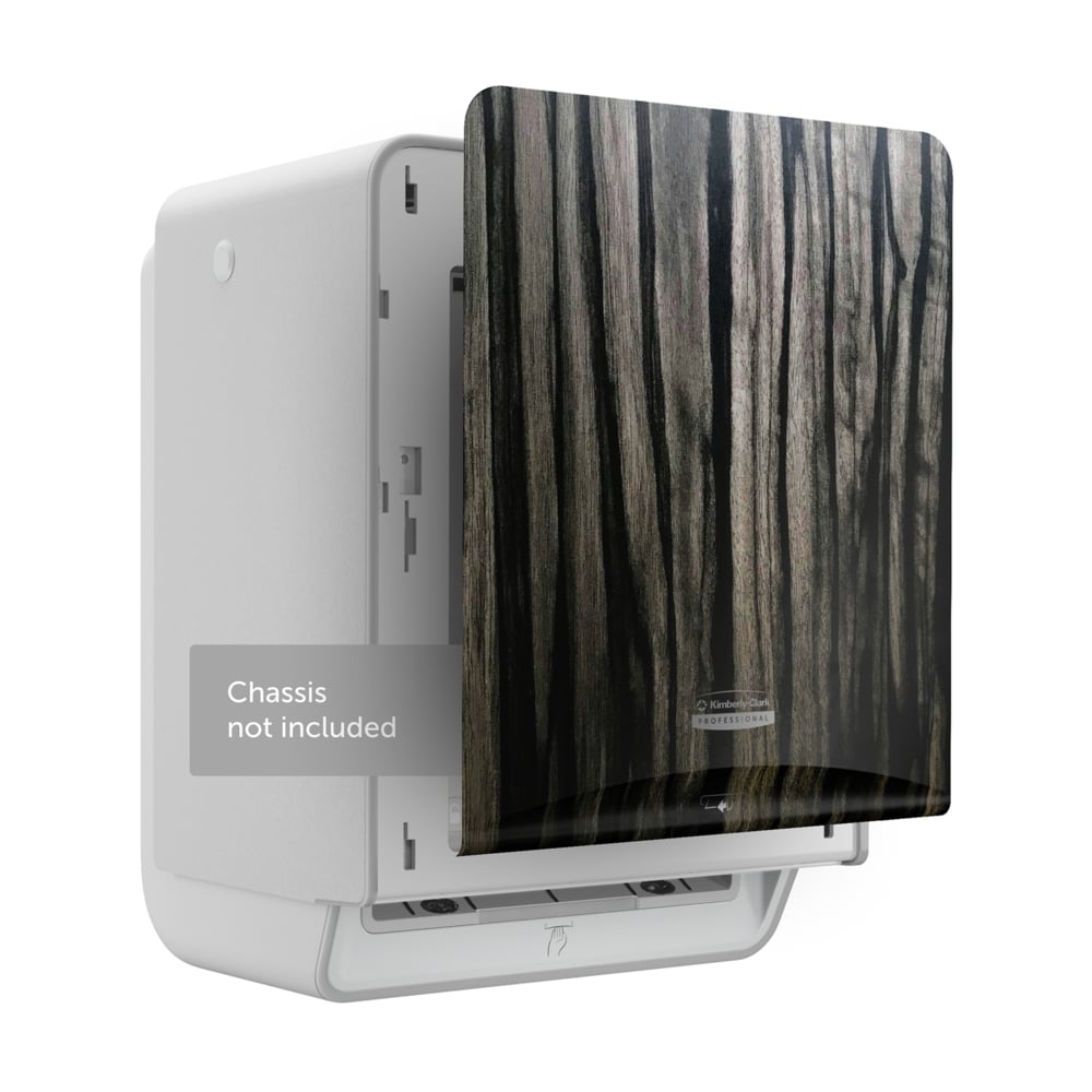 The Kimberly-Clark Professional™ Icon™ Dispenser Faceplate - eHRT (33.02 x 37.47 x 3.18 cm) from Kimberly-Clark GmbH, depicted in wood grain, is partially attached to a white device. Chassis not included. Perfect for modern washroom accessory needs.