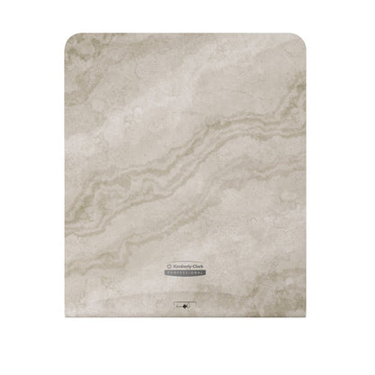 The Kimberly-Clark Professional™ Icon™ Dispenser Faceplate - eHRT (33.02 x 37.47 x 3.18 cm) by Kimberly-Clark GmbH features a beige marble design and a central logo, adding elegance to your washroom accessory collection.