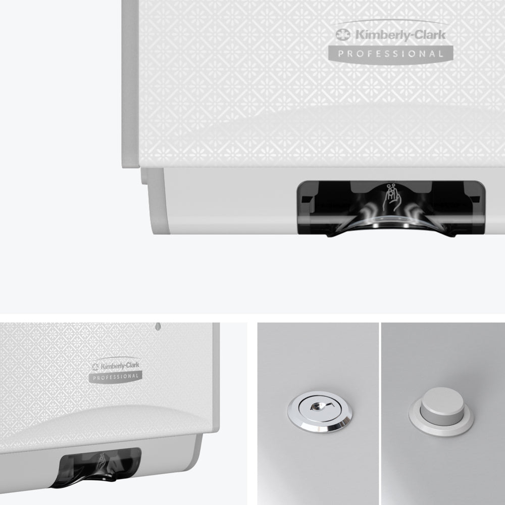 Ein Kimberly-Clark GmbH Professional™ Icon™ elektronischer Hautpflegespender in White Mosaic (1,2 l) wird aus verschiedenen Blickwinkeln gezeigt und hebt das designgeprägte Äußere, das Logo, den Spenderschlitz und die berührungslose Abgabe hervor.