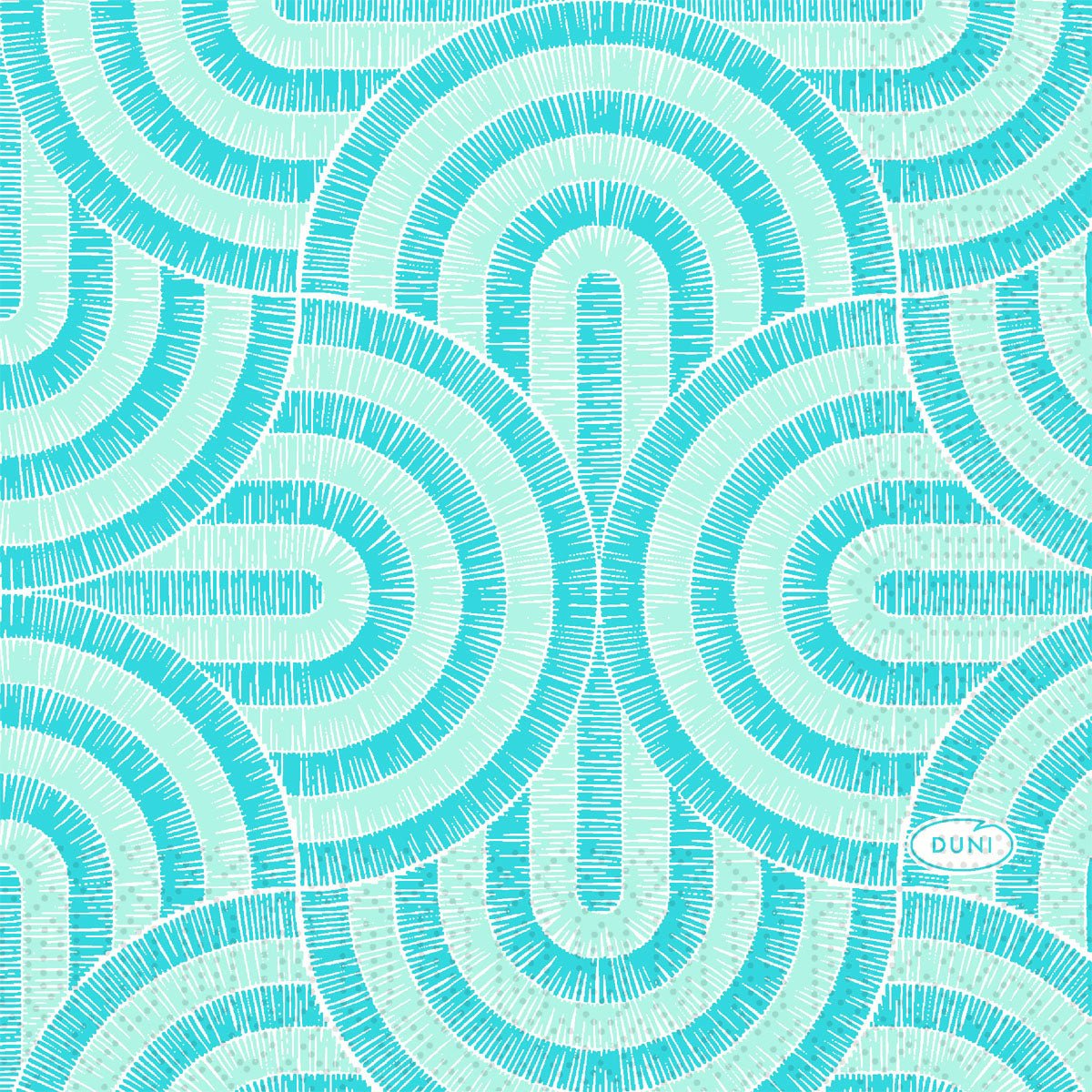 A geometric pattern of overlapping turquoise and light blue semicircular arcs with grid lines adorns the napkin by Duni GmbH, 24x24 3-ply 1/4; "DUNI" is visible in a small oval in the lower right corner.