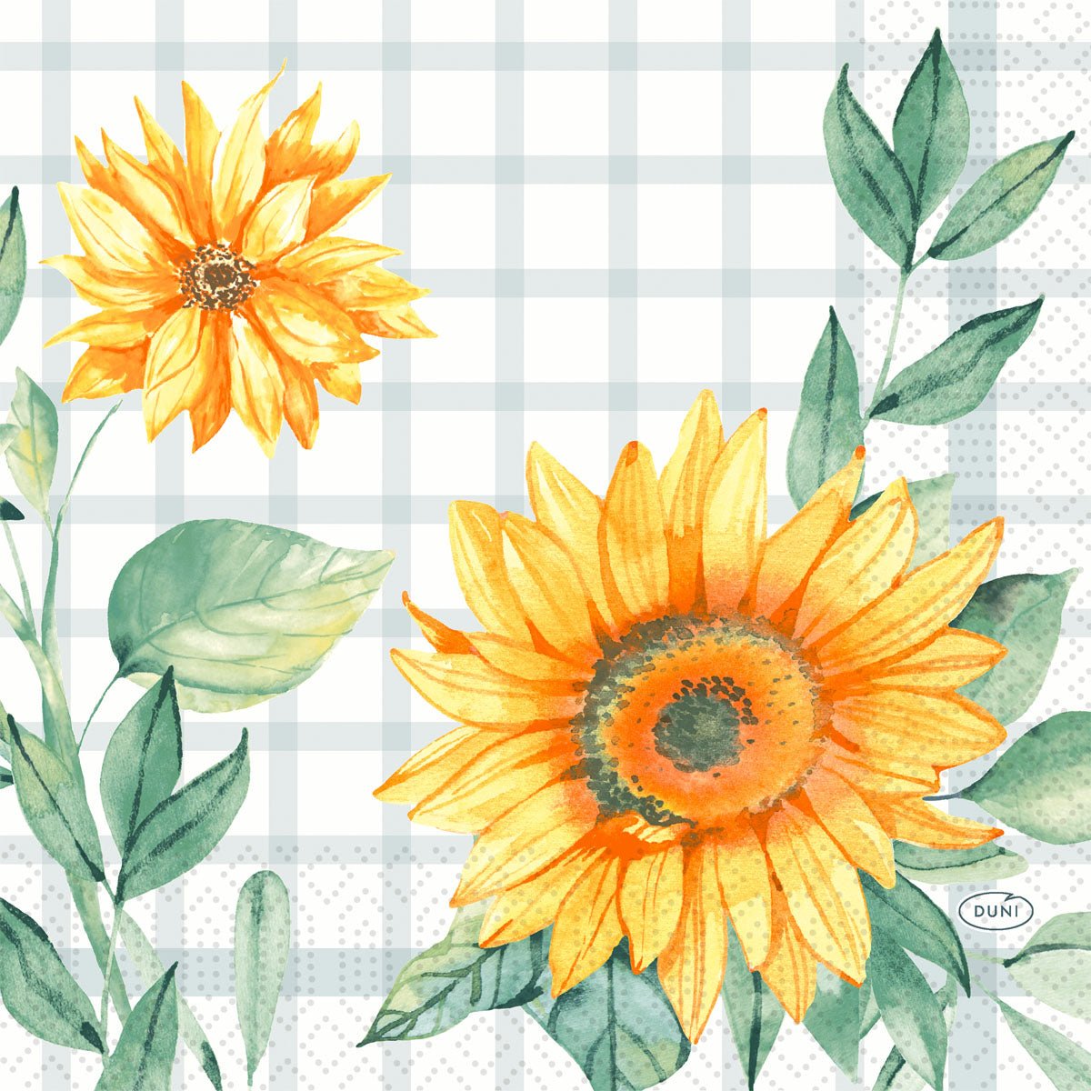 Two yellow sunflowers with green leaves are depicted on a white-light gray checkered background. This watercolor-style decor makes the Duni GmbH Serv.33x33 3lg 1/4 Sunflower Napkins (pack, 50 pieces) perfect for any set table.