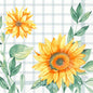 Two yellow sunflowers with green leaves are depicted on a white-light gray checkered background. This watercolor-style decor makes the Duni GmbH Serv.33x33 3lg 1/4 Sunflower Napkins (pack, 50 pieces) perfect for any set table.