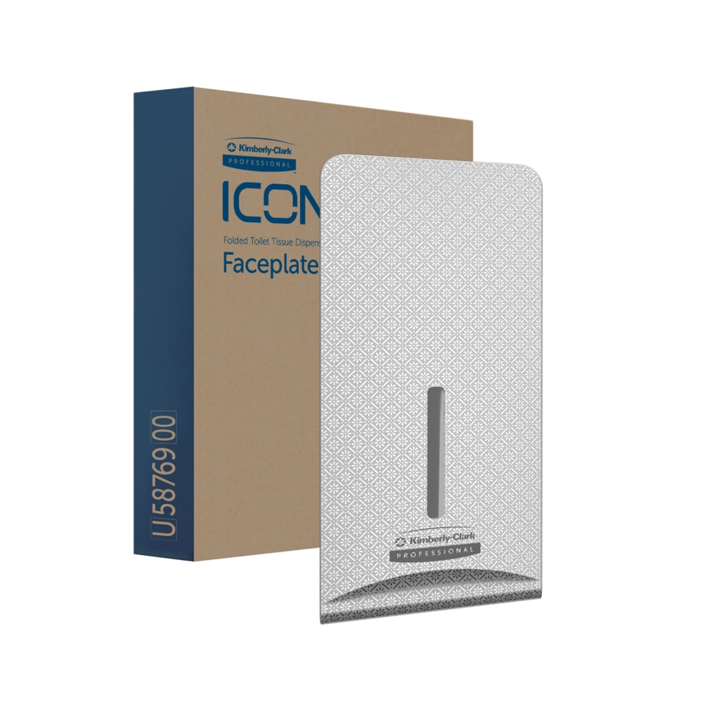 Eine Schachtel mit der Aufschrift "Kimberly-Clark™ Icon™ Dispenser Faceplate - FTT" (27,80 x 13,10 x 1,40 cm) der Kimberly-Clark GmbH ist neben einer gemusterten Faceplate mit vertikalem Schlitz abgebildet, die sich ideal für die Einrichtung von Waschräumen eignet und mit einem kleinen Etikett am Boden versehen ist.