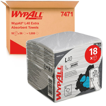 A pack of Kimberly-Clark WypAll® L40 PowerClean wipes, white, quarter-folded (18 x 56 wipes per box), is pictured in front of a shipping box with product details like "7471" and "18 x 56 = 1,008".