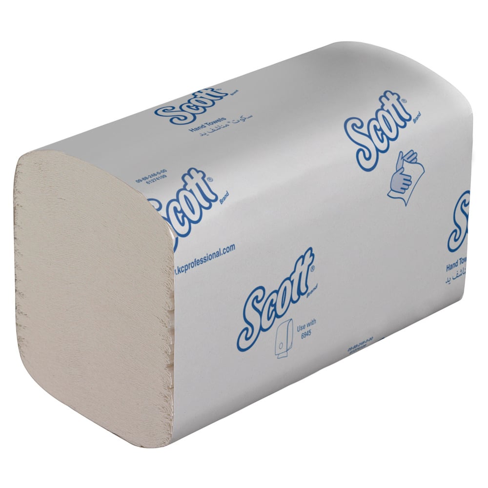Ein Karton mit Scott® Essential™ Handtüchern - interfold, weiß, klein (15 Päckchen x 340 Tücher) von Kimberly-Clark GmbH, verpackt in weißem Karton mit blauem Branding und Symbolen für hygienisches Händetrocknen.