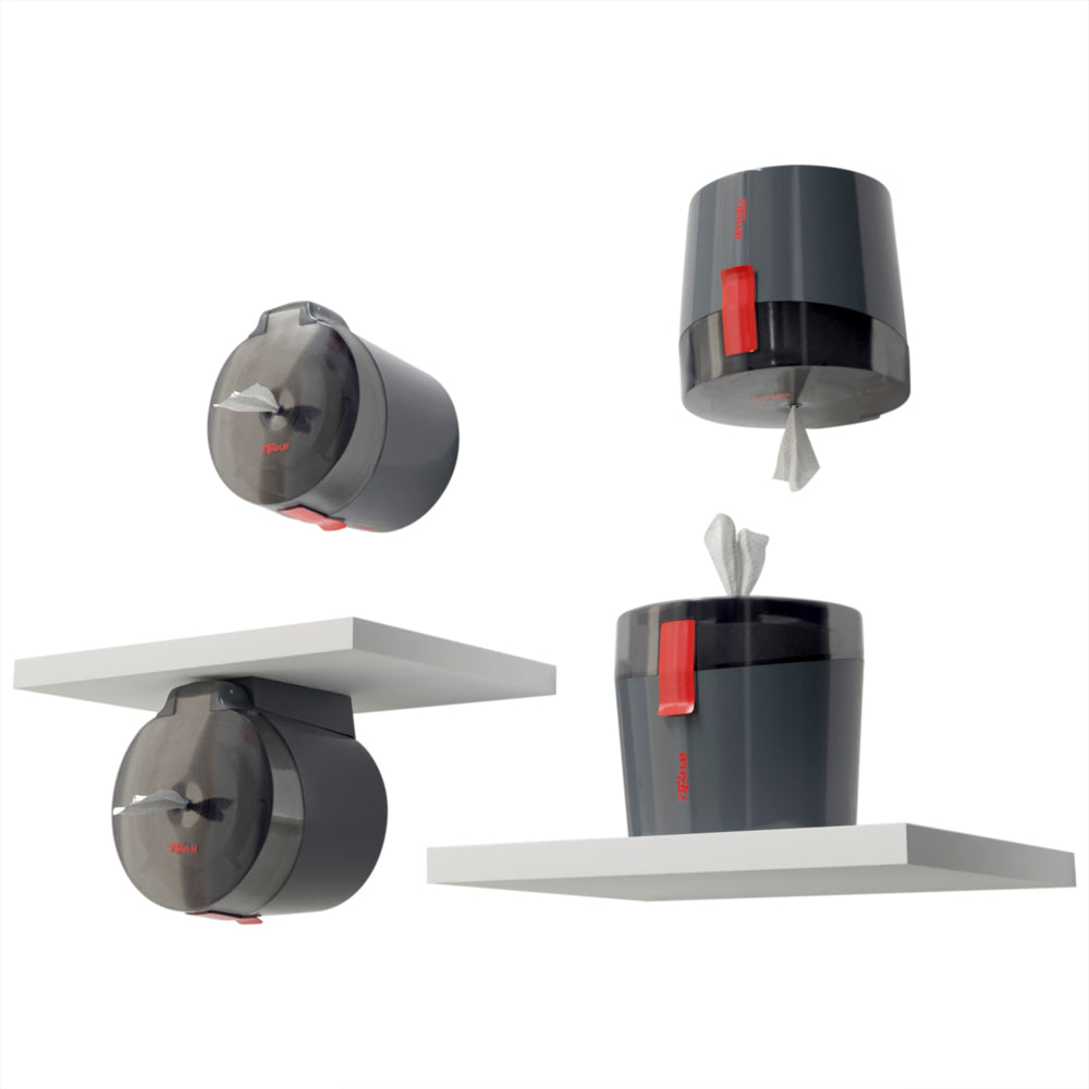 Vier Bilder zeigen einen dunkelgrauen WypAll® Reach Plus™ Centrefeed-Spender der Kimberly-Clark GmbH mit einem roten Hebel, der auf oder unter weißen Regalen montiert ist. Ein Spender ist geöffnet und die Tücher sind sichtbar, der andere ist geschlossen.