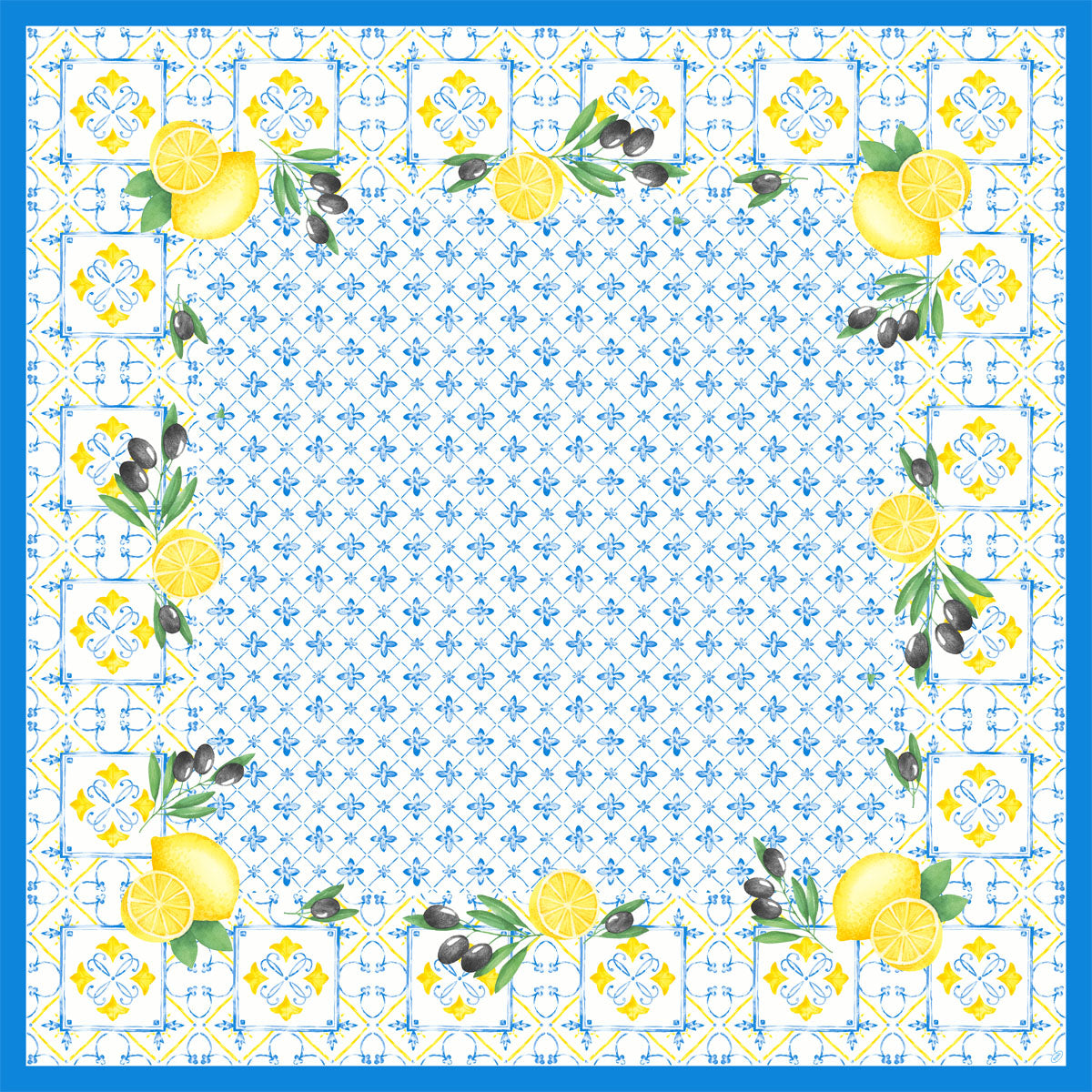 Die Dunicel Mitteldecke 84x84 cm Mediterran von Duni GmbH hat ein quadratisches, von Fliesen inspiriertes Design mit blauem Rand, Zitronen, Oliven und grünen Blättern in jeder Ecke sowie einem blauen Blumenmotiv in der Mitte. Perfekt für eine stilvolle Tischdekoration. Packung (20 Stück).