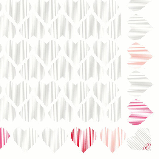 Ein Muster aus umrandeten Herzen in Grau füllt das Bild, mit roten und rosa Herzen am rechten und unteren Rand. Ideal für Dunisoft-Servietten 40 x 40 cm 1/4 Falz von Duni GmbH. Ein kleiner roter "GIANT."-Stempel befindet sich unten rechts.