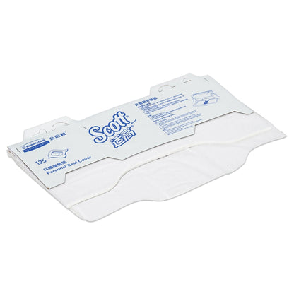 A partially opened package of Scott® Toilet Seat Covers - White (Kimberly-Clark GmbH), 24 bags x 125 packs/box, reveals white seat covers inside; perfect for hygienic toilet use.