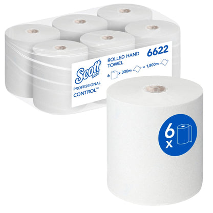 Ein Paket mit sechs Scott® Control™ Handtüchern - Rolle / Weiß von Kimberly-Clark GmbH, Weiß, gestapelt in zwei Reihen. Jede Rolle mit 300 m für hygienische Tücher und effektives Händetrocknen.