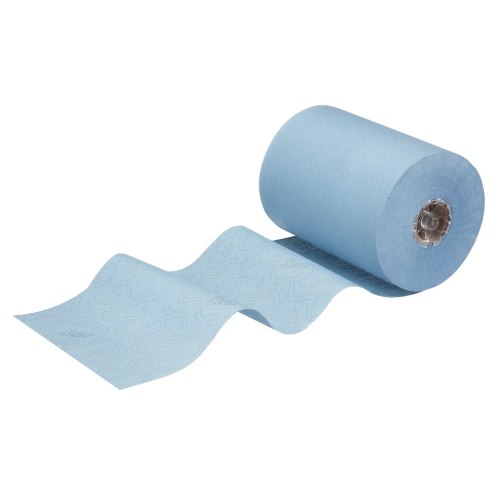 A partially unrolled Scott® Essential™ Slimroll™ Hand Towel (190m x 19.8cm) from Kimberly-Clark GmbH lies on a white background. The light blue paper towels have a subtle diamond pattern, perfect for environmentally friendly hand drying.
