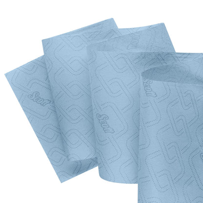 Three partially unfolded Scott® Essential™ Slimroll™ Hand Towels (190.00 m x 19.80 cm) from Kimberly-Clark GmbH with a blue textured pattern and repeated "Scott" logo overlap for environmentally friendly hand drying on a white background.