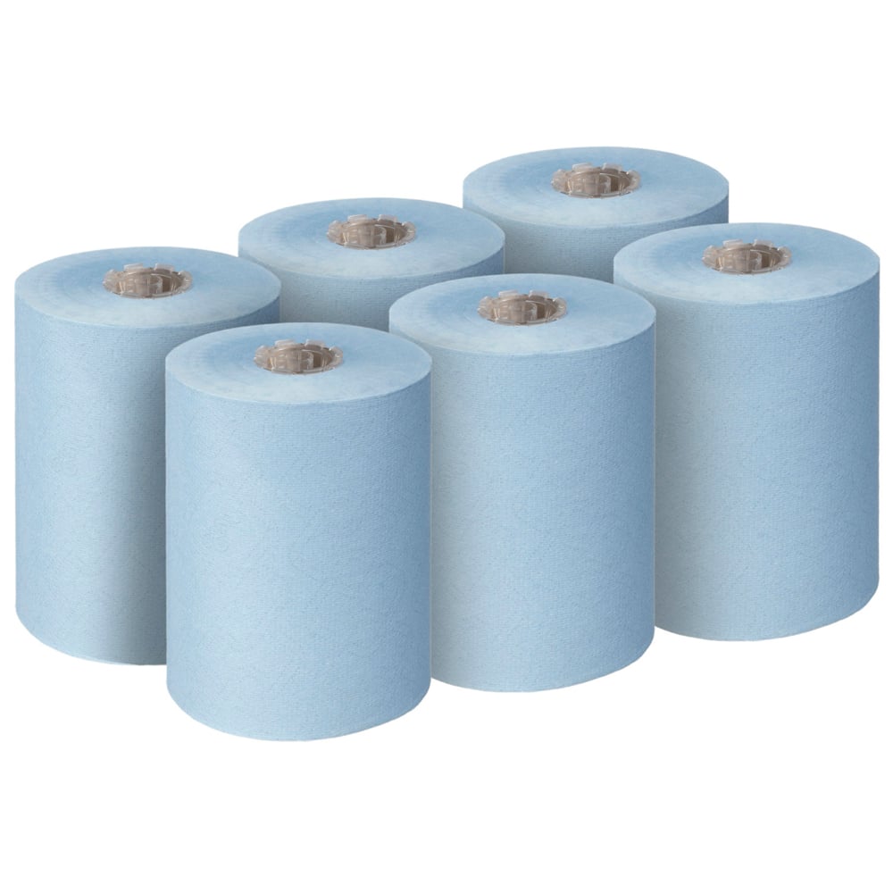 Six Scott® Essential™ Slimroll™ Hand Towels (190.00 m x 19.80 cm, Kimberly-Clark GmbH) are arranged in two rows of three, unused with visible cardboard center, offering environmentally friendly hand drying.