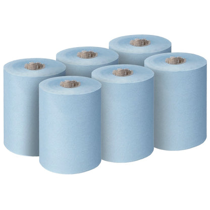 Six Scott® Essential™ Slimroll™ Hand Towels (190.00 m x 19.80 cm, Kimberly-Clark GmbH) are arranged in two rows of three, unused with visible cardboard center, offering environmentally friendly hand drying.