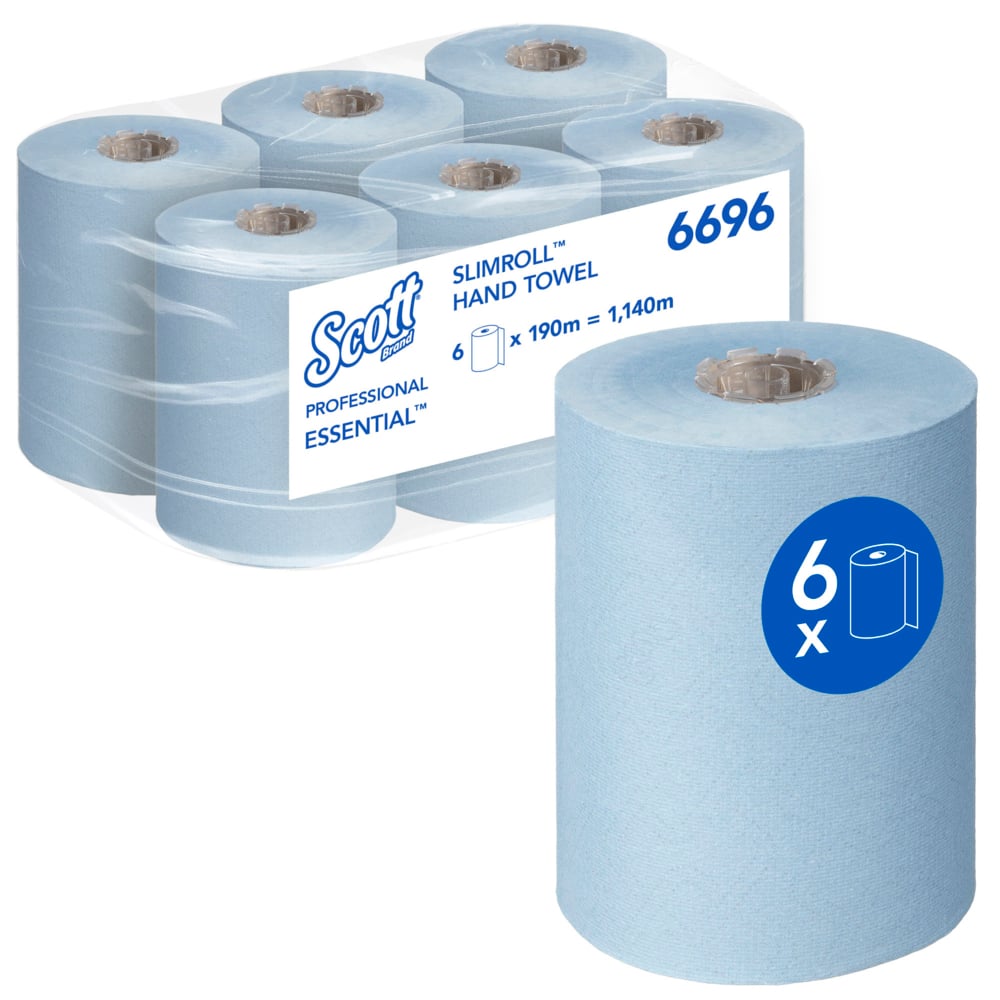 Six blue rolls of Scott® Essential™ Slimroll™ Hand Towels (190 m x 19.8 cm) from Kimberly-Clark GmbH, one roll at the front, packaging at the back with "6 x 190 m = 1,140 m", product code 6696 - environmentally friendly hand drying.