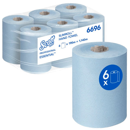 Six blue rolls of Scott® Essential™ Slimroll™ Hand Towels (190 m x 19.8 cm) from Kimberly-Clark GmbH, one roll at the front, packaging at the back with "6 x 190 m = 1,140 m", product code 6696 - environmentally friendly hand drying.