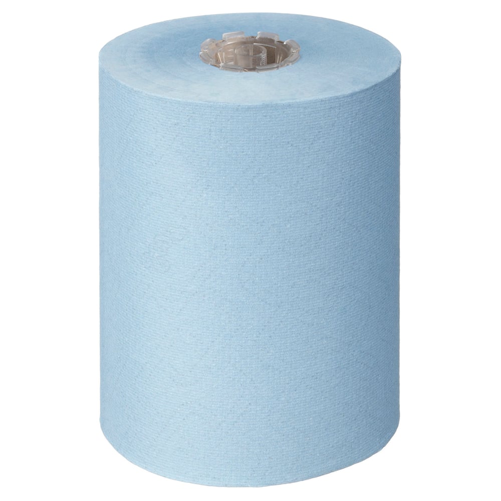 A roll of Scott® Essential™ Slimroll™ Hand Towels (190.00 m x 19.80 cm) from Kimberly-Clark GmbH, in light blue with a brown core, standing upright on white - ideal for environmentally friendly hand drying.
