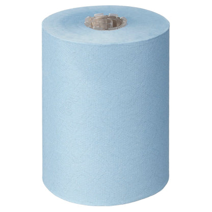 A roll of Scott® Essential™ Slimroll™ Hand Towels (190.00 m x 19.80 cm) from Kimberly-Clark GmbH, in light blue with a brown core, standing upright on white - ideal for environmentally friendly hand drying.