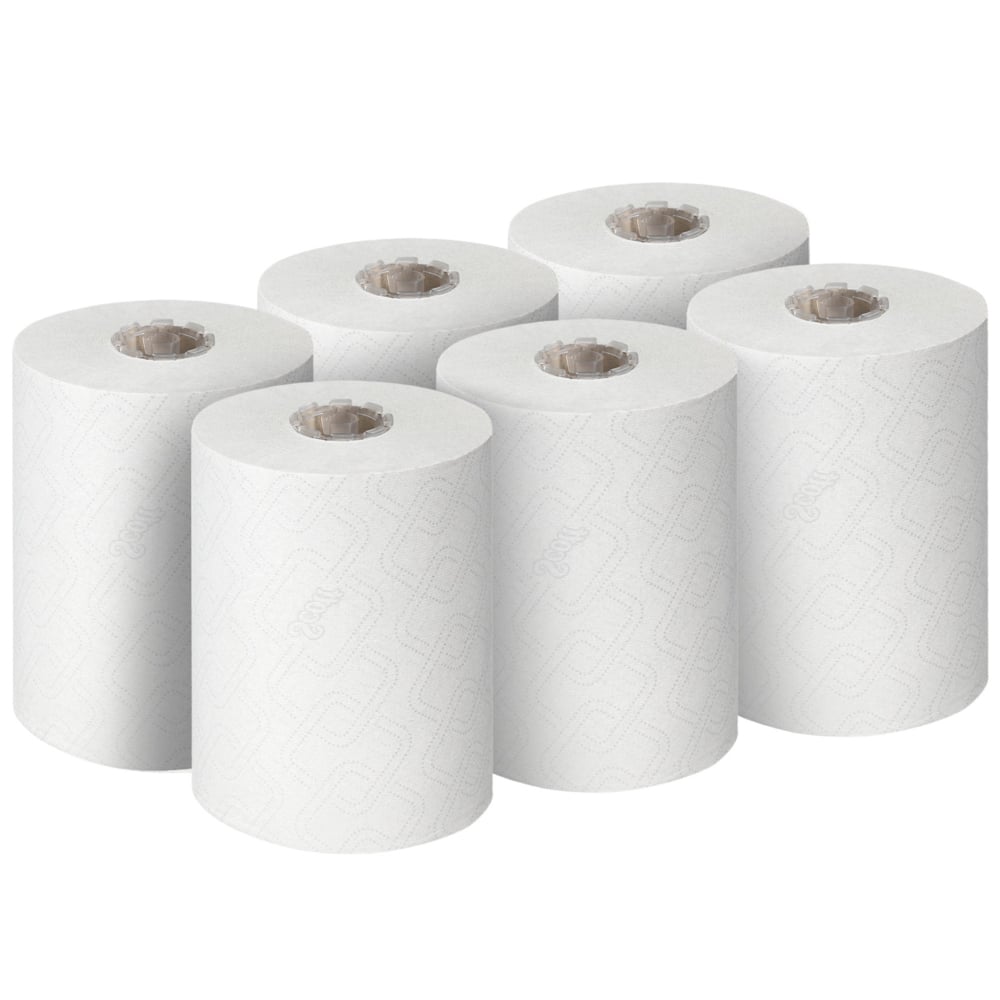 Six Scott® Essential™ Slimroll™ Hand Towels from Kimberly-Clark GmbH (190.00 m x 19.80 cm) are shown in two rows of three. The unused rolls have a subtle geometric embossing pattern for environmentally friendly hand drying.