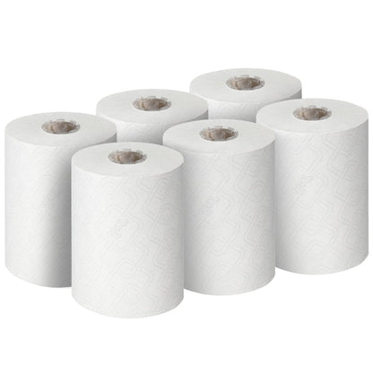 Six Scott® Essential™ Slimroll™ Hand Towels from Kimberly-Clark GmbH (190.00 m x 19.80 cm) are shown in two rows of three. The unused rolls have a subtle geometric embossing pattern for environmentally friendly hand drying.