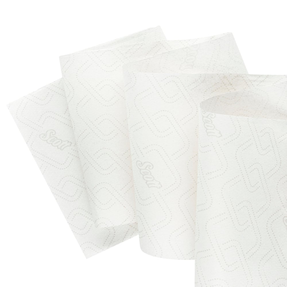 Three folded Scott® Essential™ Slimroll™ Hand Towels from Kimberly-Clark GmbH, each with a subtle geometric pattern and light gray "Scott" print, ideal for environmentally friendly hand drying. Plain white background. Sheet size: 190.00 m x 19.80 cm roll.