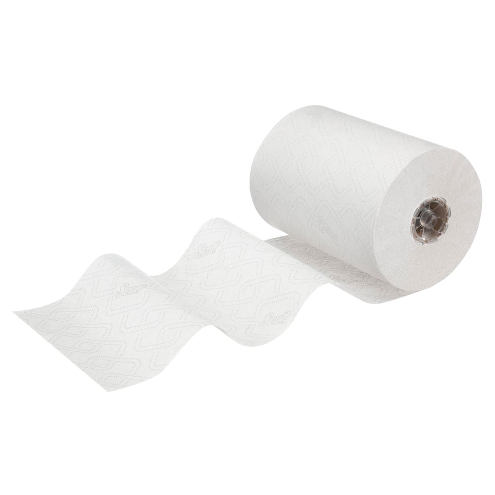 A partially unrolled Scott® Essential™ Slimroll™ Hand Towel (190.00 m x 19.80 cm) from Kimberly-Clark GmbH is depicted on a white background, showing its practical suitability for environmentally friendly hand drying.