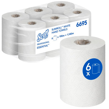A pack of six Scott® Essential™ Slimroll™ Hand Towels (190 m x 19.8 cm) from Kimberly-Clark GmbH, arranged in two rows of three with product labeling and a blue "6x" roll symbol, perfect for environmentally friendly hand drying with quality paper towels.