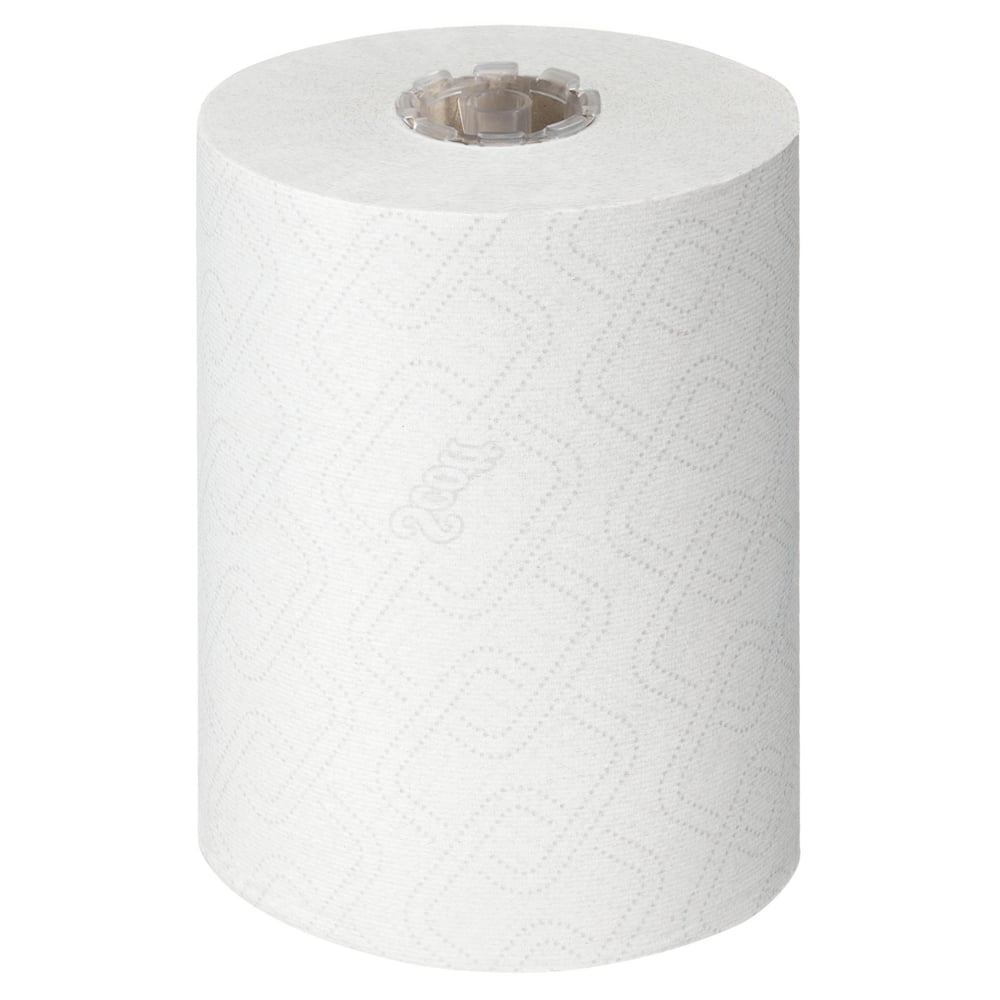 A single white Scott® Essential™ Slimroll™ Hand Towel (190.00 m x 19.80 cm) from Kimberly-Clark GmbH, with subtle embossing and visible core, stands upright on a plain white background - ideal for environmentally friendly hand drying.