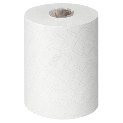 A single white Scott® Essential™ Slimroll™ Hand Towel (190.00 m x 19.80 cm) from Kimberly-Clark GmbH, with subtle embossing and visible core, stands upright on a plain white background - ideal for environmentally friendly hand drying.