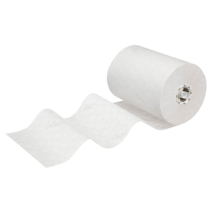 A Scott® CONTROL EXTRA STRONG towel roll from Kimberly-Clark GmbH is partially unrolled, showing its subtle embossing pattern on white sheets. The 6-roll pack is pictured against a solid white background.