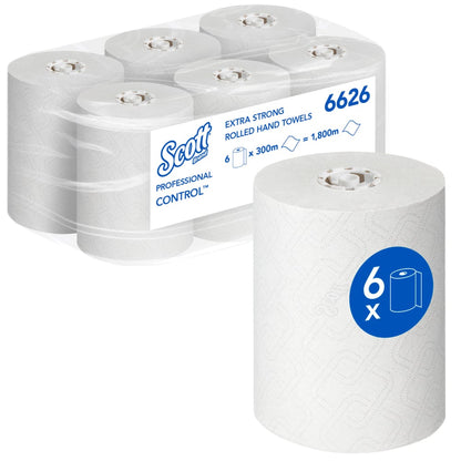 Six white rolls of Scott® CONTROL EXTRA STRONG towels from Kimberly-Clark GmbH are packed together in a clear sleeve, with the front roll featuring a blue "6x" symbol. These extra strong paper towels are delivered as 6 rolls per carton for professional use.